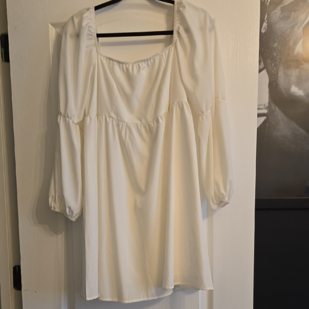 Cream Smocked Long Sleeve Tunic Dress